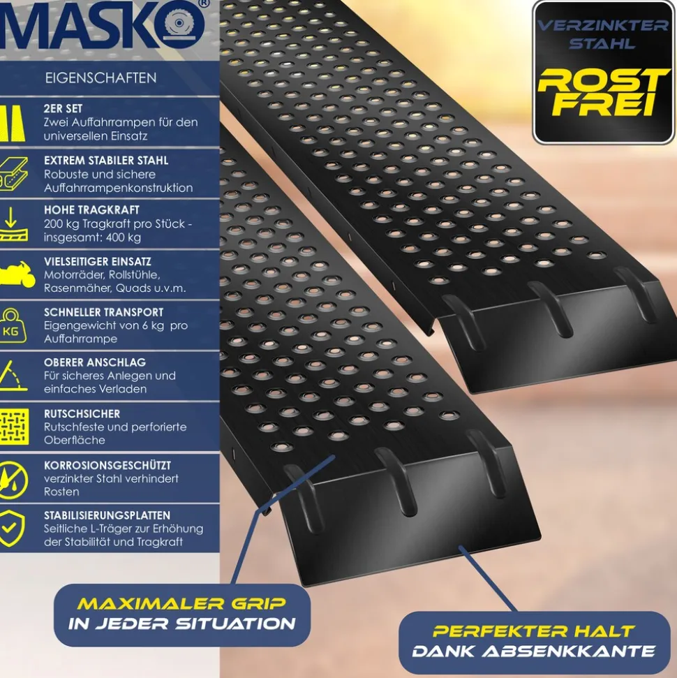 MASKO® 2X Auffahrrampe 400kg | Verladerampe | Verladeschiene | verzinkter Stahl | Antirutsch | 200kg* Pro Stück | Max 400kg* Pro Paar | Motorrad ATV Quad PKW Auto Laderampe