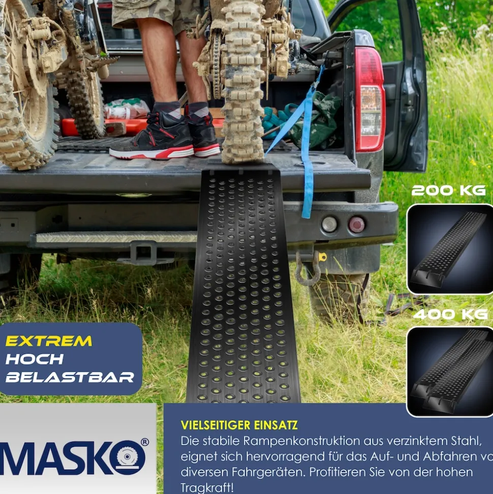 MASKO® 2X Auffahrrampe 400kg | Verladerampe | Verladeschiene | verzinkter Stahl | Antirutsch | 200kg* Pro Stück | Max 400kg* Pro Paar | Motorrad ATV Quad PKW Auto Laderampe