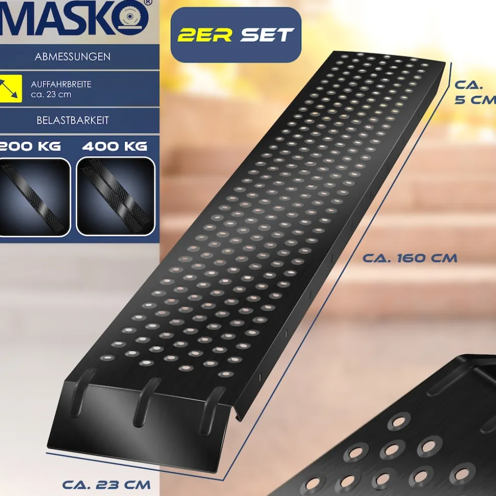 MASKO® 2X Auffahrrampe 400kg | Verladerampe | Verladeschiene | verzinkter Stahl | Antirutsch | 200kg* Pro Stück | Max 400kg* Pro Paar | Motorrad ATV Quad PKW Auto Laderampe