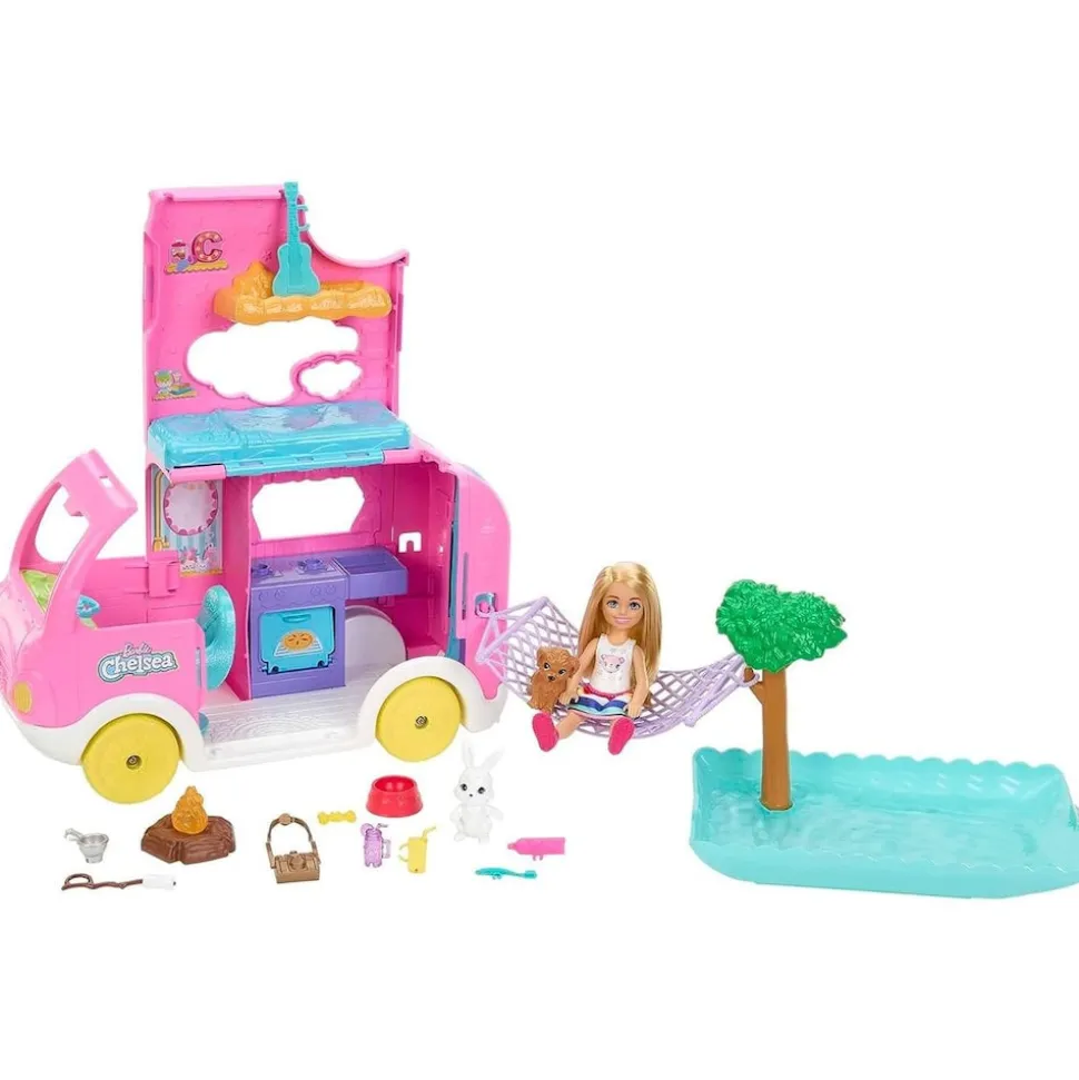 Mattel HNH90 - Barbie Chelsea - Spielfahrzeug mit Zubehör, 2 in 1 Camper