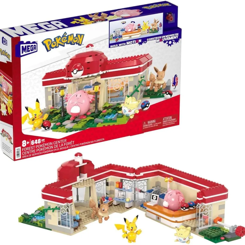 Mattel HNT93 - Mega - Pokémon - Pokémon-Center - Bauset mit Pikachu, Chaneira, Evoli und Togepi, 648 Teile