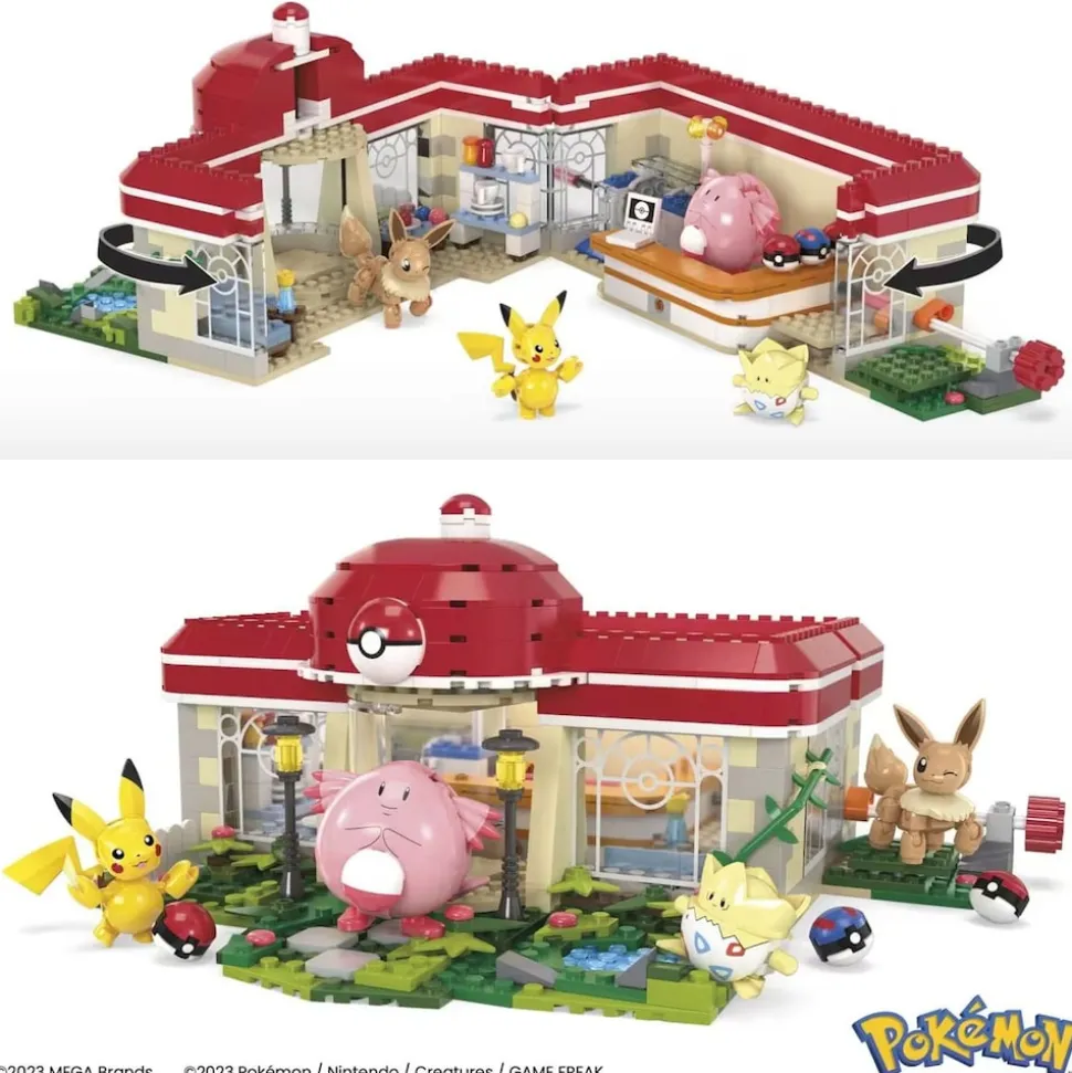 Mattel HNT93 - Mega - Pokémon - Pokémon-Center - Bauset mit Pikachu, Chaneira, Evoli und Togepi, 648 Teile