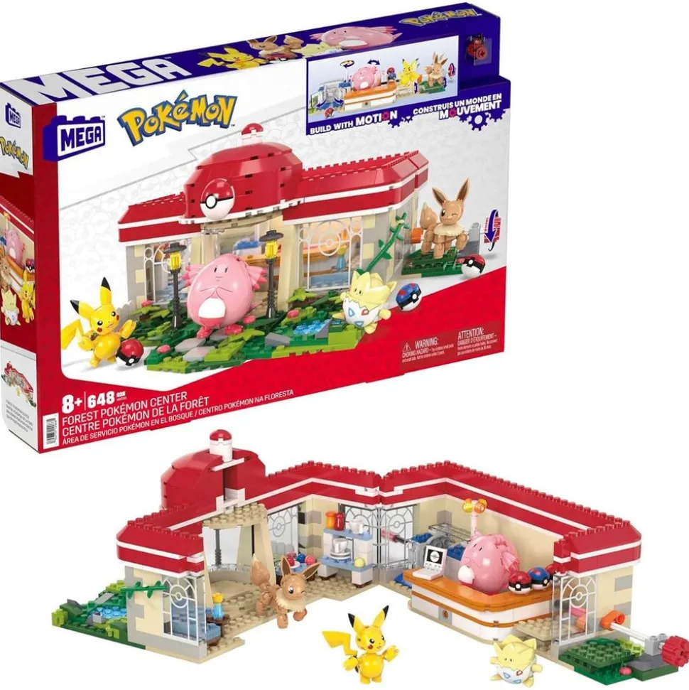 Mattel HNT93 - Mega - Pokémon - Pokémon-Center - Bauset mit Pikachu, Chaneira, Evoli und Togepi, 648 Teile