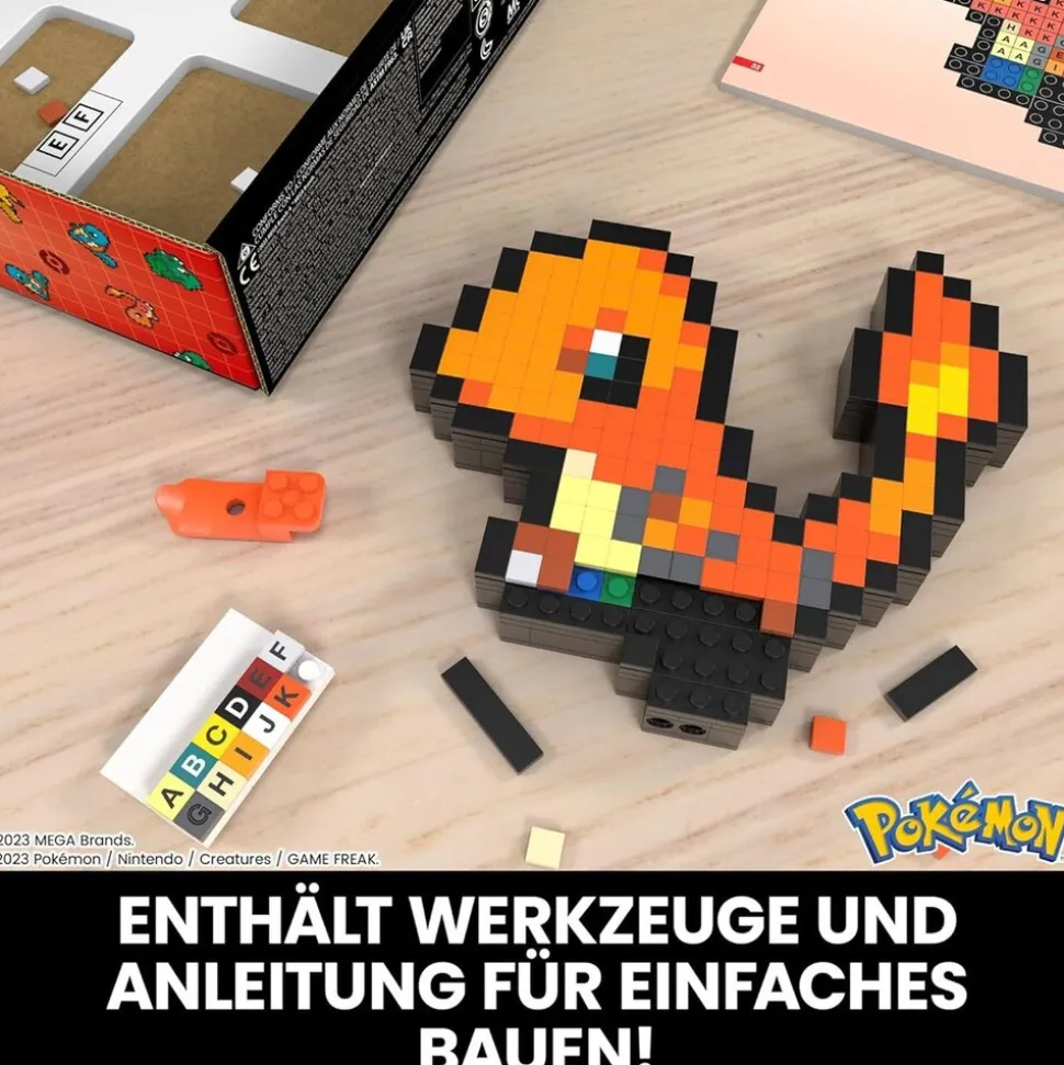 Mattel HTH76 - MEGA - Pokémon - Glumander Pixel Art Bauset – 349 Teile – Retro-Sammelfigur zum Bauen & Ausstellen