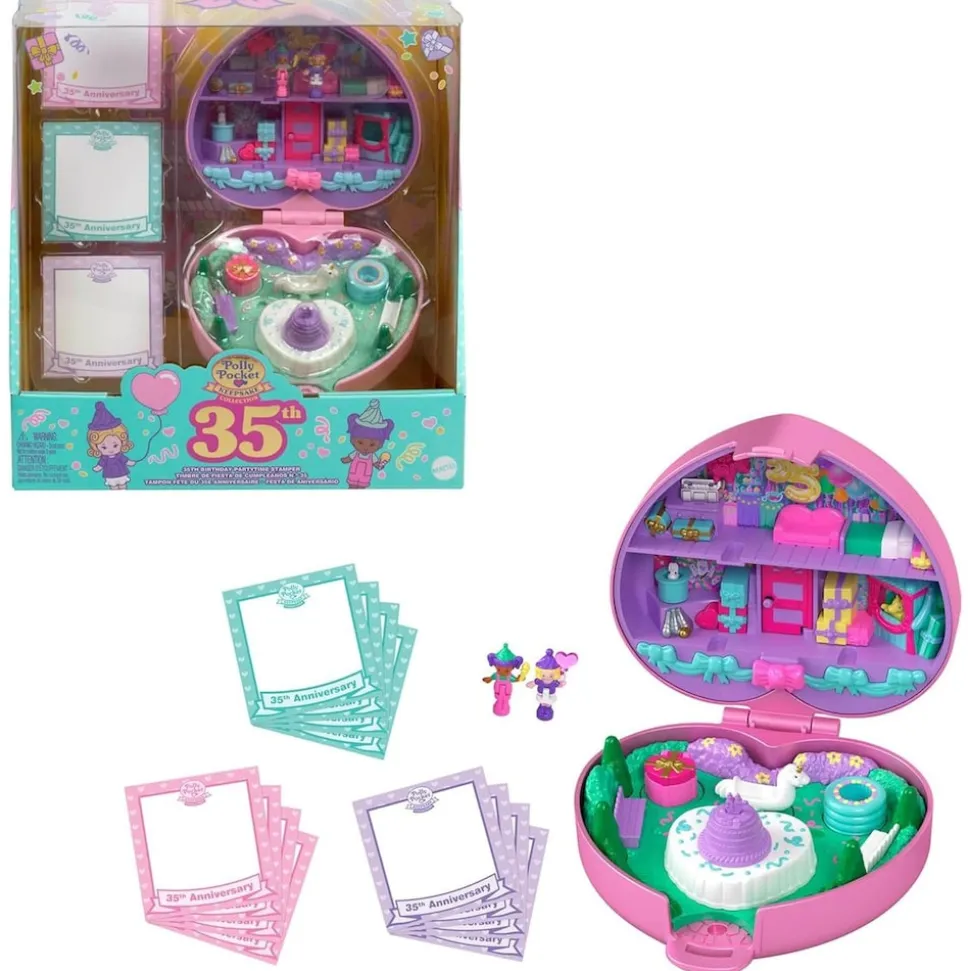 Mattel HWP20 - Polly Pocket - 35 Jahre Jubiläum – Partytime Stamper Compact Remake (1992) – Sammleredition mit Spielset, 2 Figuren uvm.