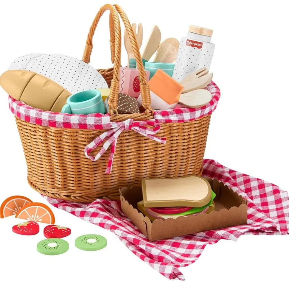 Mattel HXT81 - Fisher-Price - Picknickkorb-Set aus Holz mit Zubehör, 31 Teile