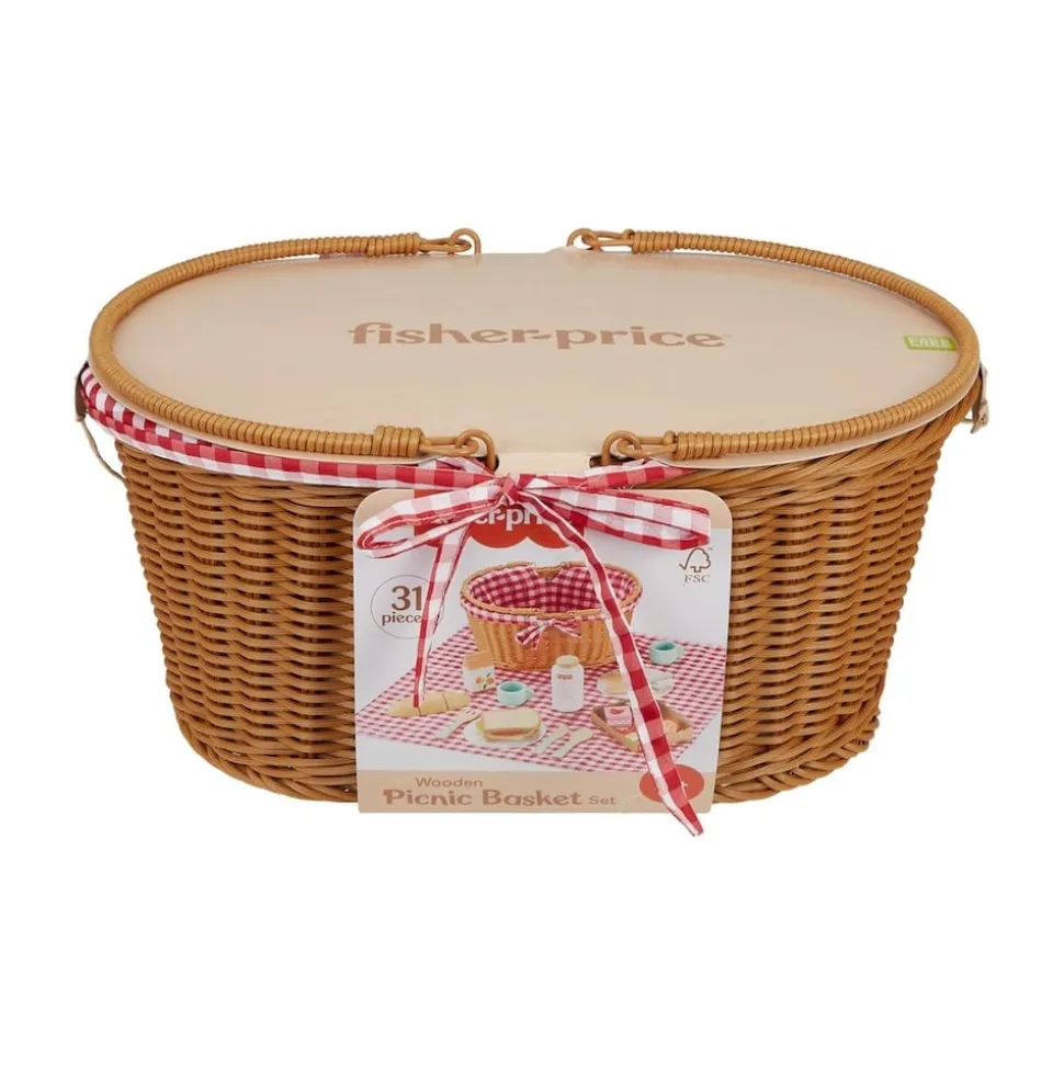 Mattel HXT81 - Fisher-Price - Picknickkorb-Set aus Holz mit Zubehör, 31 Teile
