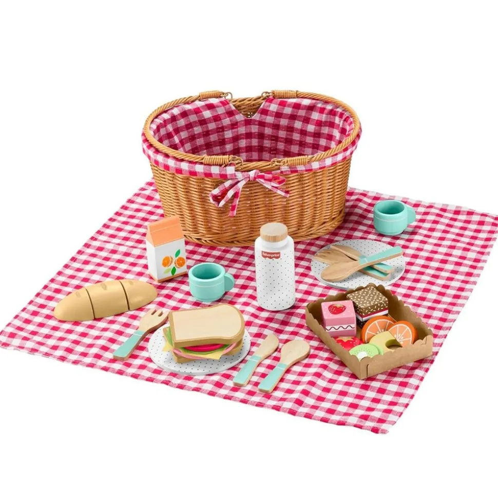 Mattel HXT81 - Fisher-Price - Picknickkorb-Set aus Holz mit Zubehör, 31 Teile