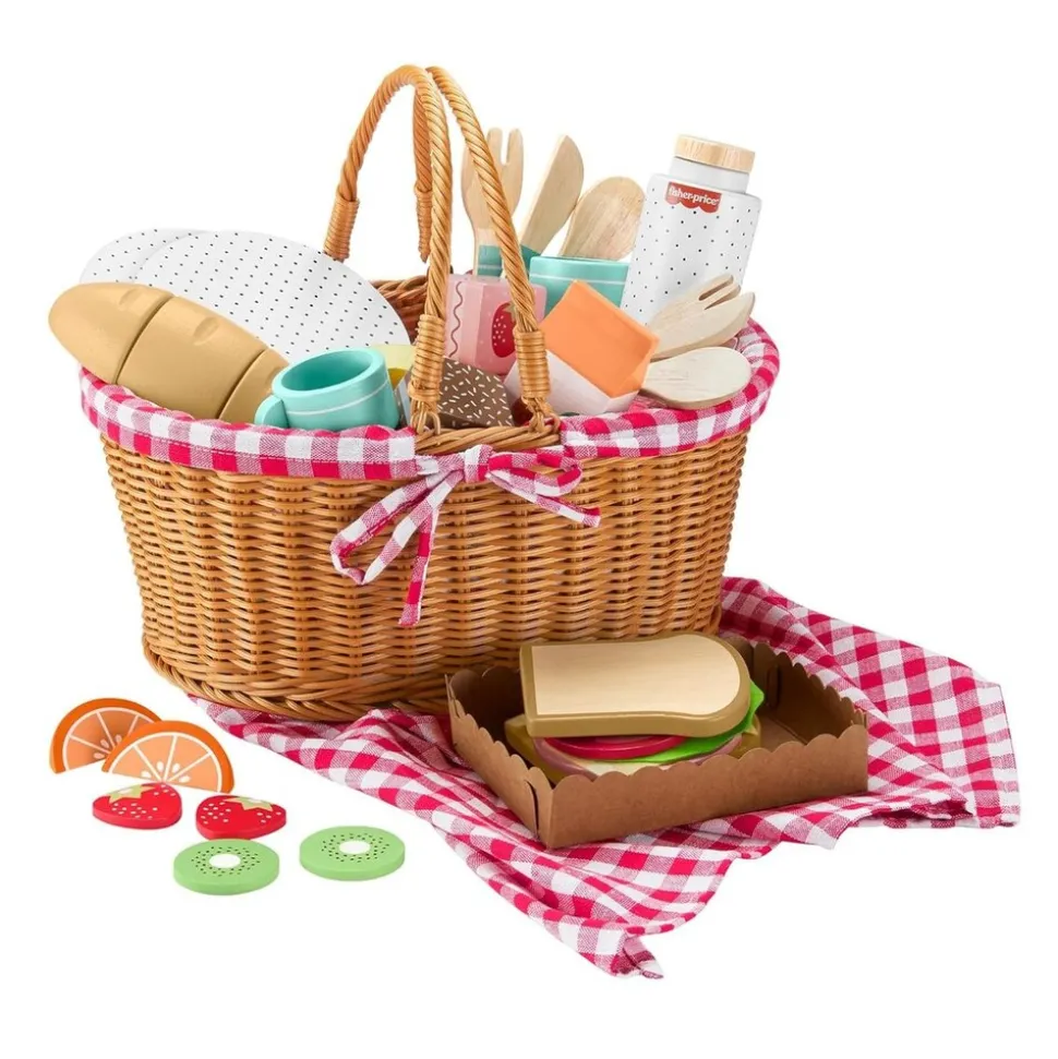 Mattel HXT81 - Fisher-Price - Picknickkorb-Set aus Holz mit Zubehör, 31 Teile