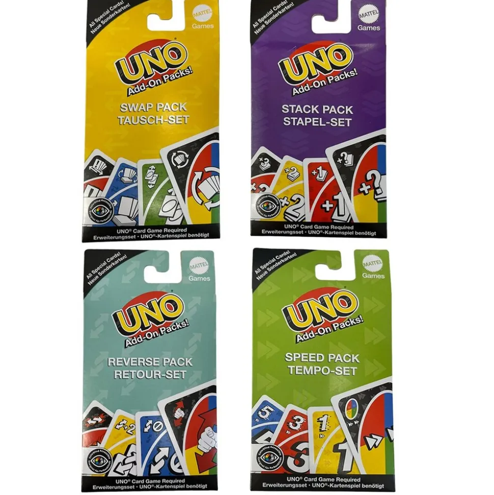 Mattel JCV55 BUNDLE sort. - Mattel Games - UNO Add-On Packs, Erweiterungen, Retour-/Tempo-/Stapel- & Tausch-Set mit barrierefreier Farbgestaltung