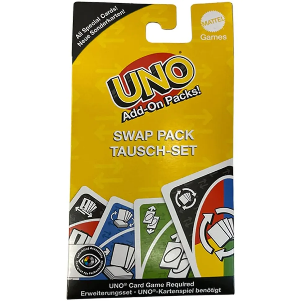 Mattel JCV55 BUNDLE sort. - Mattel Games - UNO Add-On Packs, Erweiterungen, Retour-/Tempo-/Stapel- & Tausch-Set mit barrierefreier Farbgestaltung