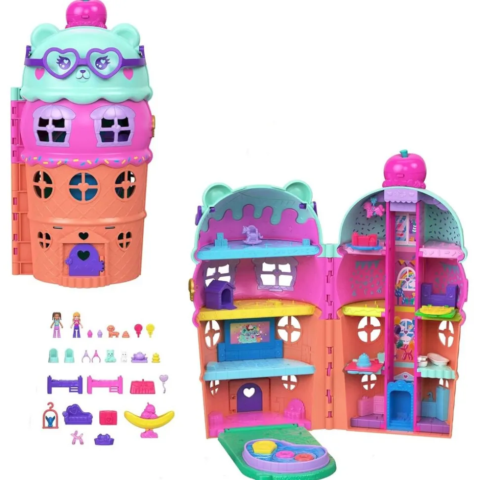 Mattel JFT91 - Polly Pocket - Gelateria-Haus Spielset, Mikropuppen & 25+ Teile, 4 Etagen, Konfetti-Funktion