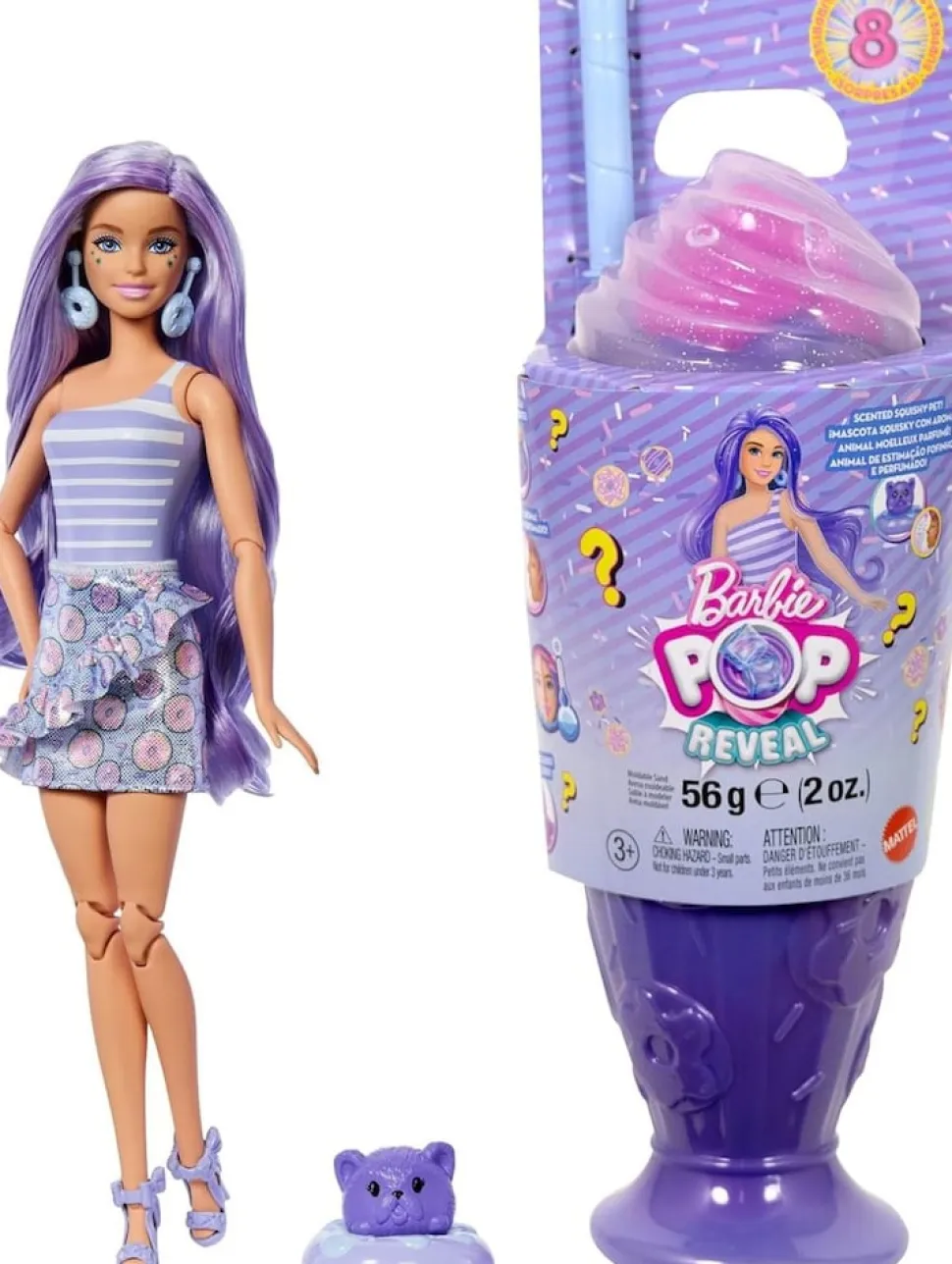 Mattel JFY60 - Barbie - Pop Reveal - Modepuppe mit 8 Überraschungen und formbaren Sand (56g), Donut Dreams Design