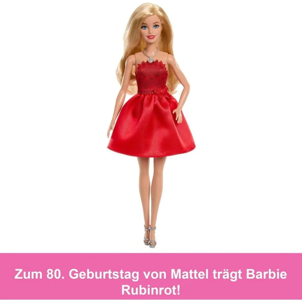 Mattel JGD25 - Barbie - 80 Jahre Mattel Jubiläumspuppe, rubinrotes Partykleid, Sammelpuppe