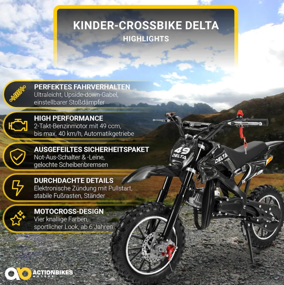 Mini-Crossbike Delta, Benzin-Motorrad, Pocketbike, Dirtbike, 49 ccm, bis zu 40 km/h, Scheibenbremsen (Schwarz)