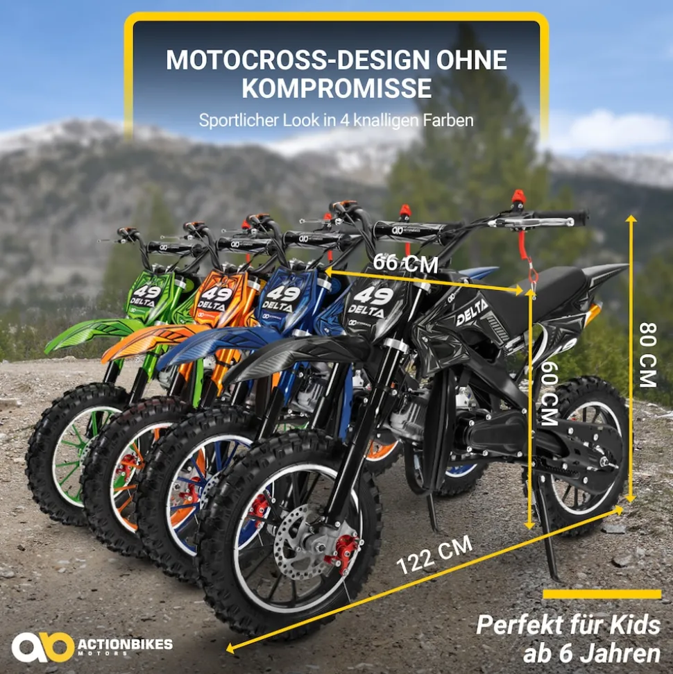 Mini-Crossbike Delta, Benzin-Motorrad, Pocketbike, Dirtbike, 49 ccm, bis zu 40 km/h, Scheibenbremsen (Schwarz)