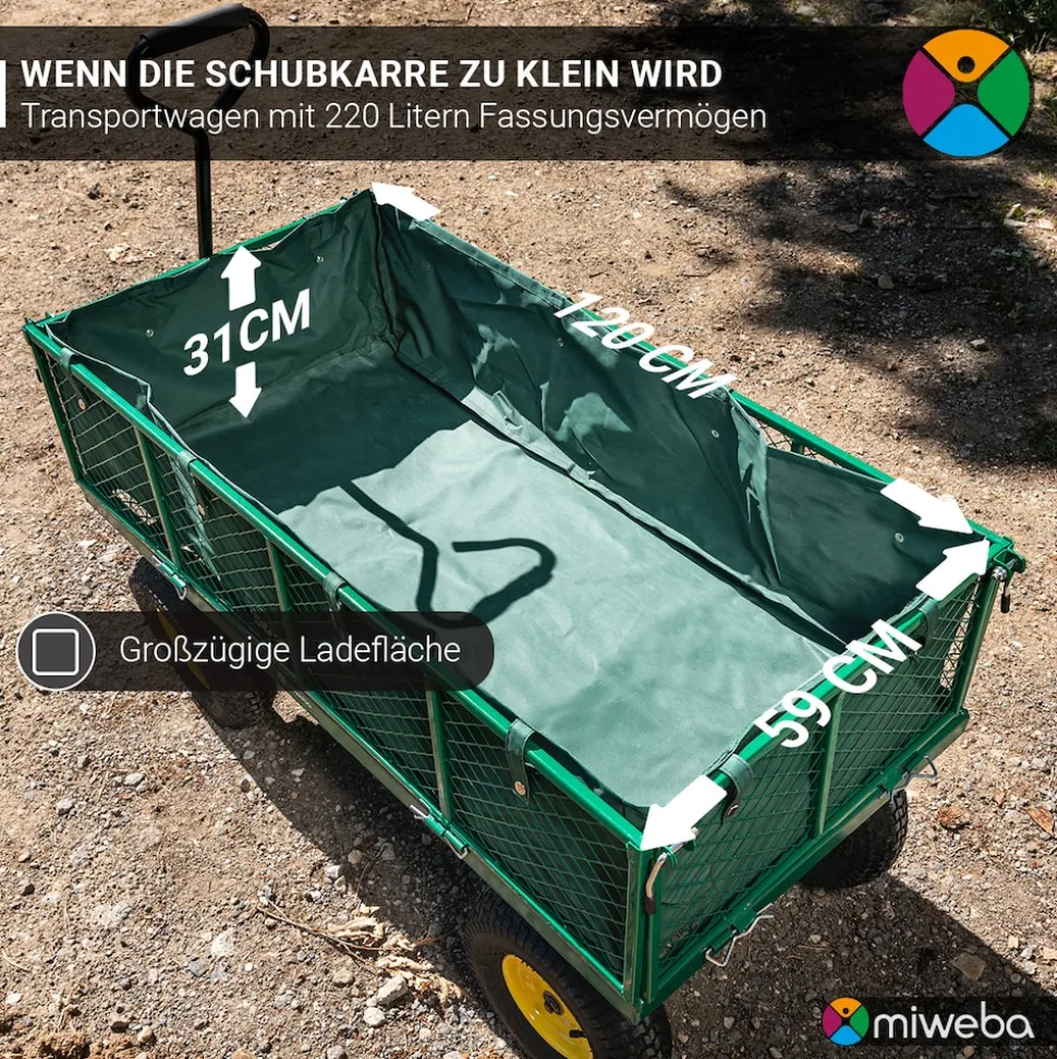 Miweba Bollerwagen MB-700, Transportwagen mit 700 kg Traglast, klappbar, Doppelachse, Stahlrahmen (Grün)