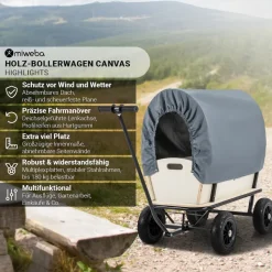 Miweba Holz-Bollerwagen Canvas, mit Dach, deichselgeführte Lenkachse, 180 kg, Profilreifen, Stahl