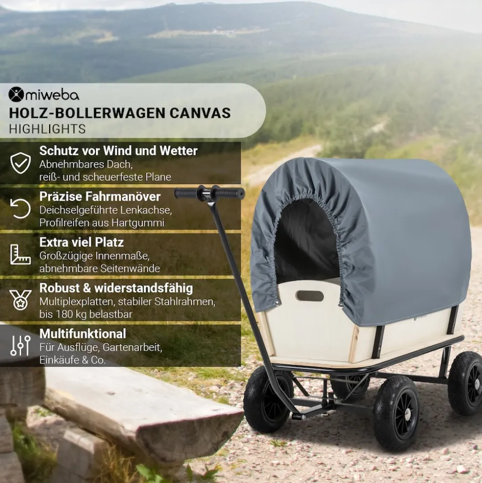 Miweba Holz-Bollerwagen Canvas, mit Dach, deichselgeführte Lenkachse, 180 kg, Profilreifen, Stahl