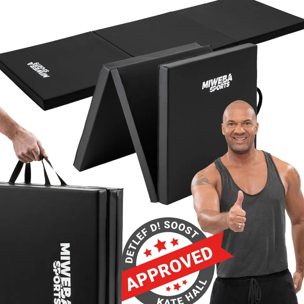 Miweba Sports Gymnastikmatte GM100, faltbar, rutschfest, Turnmatte für zuhause, Tragegriffe, PVC (Schwarz)