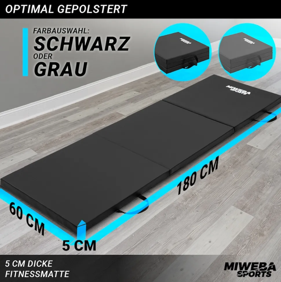 Miweba Sports Gymnastikmatte GM100, faltbar, rutschfest, Turnmatte für zuhause, Tragegriffe, PVC (Schwarz)