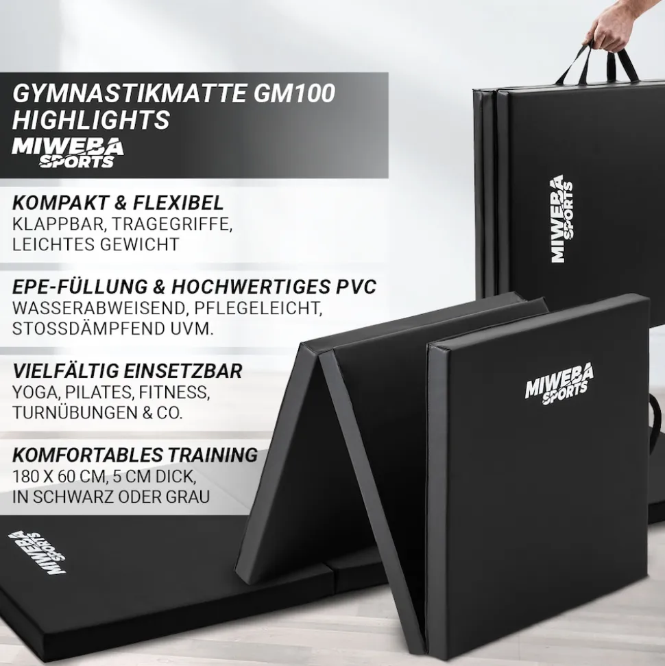 Miweba Sports Gymnastikmatte GM100, faltbar, rutschfest, Turnmatte für zuhause, Tragegriffe, PVC (Schwarz)