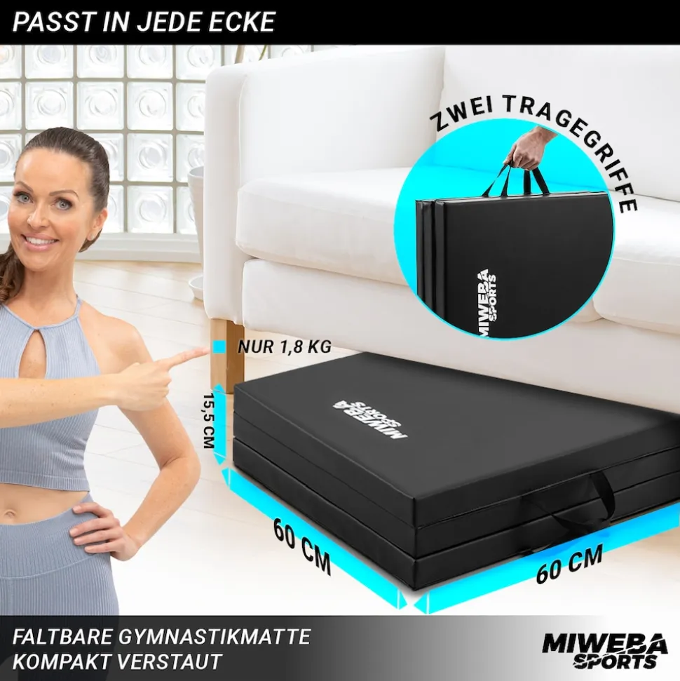 Miweba Sports Gymnastikmatte GM100, faltbar, rutschfest, Turnmatte für zuhause, Tragegriffe, PVC (Schwarz)