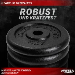 Miweba Sports Hantelscheiben HSG50, 2x 5 kg Hantel-Gewichte, passend für Ø 30mm, Set, Gusseisen