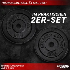 Miweba Sports Hantelscheiben HSG50, 2x 5 kg Hantel-Gewichte, passend für Ø 30mm, Set, Gusseisen