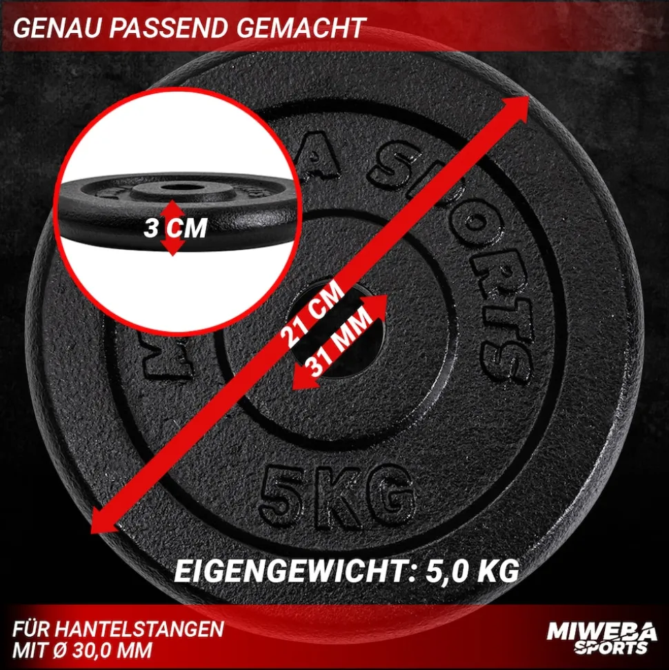 Miweba Sports Hantelscheiben HSG50, 2x 5 kg Hantel-Gewichte, passend für Ø 30mm, Set, Gusseisen