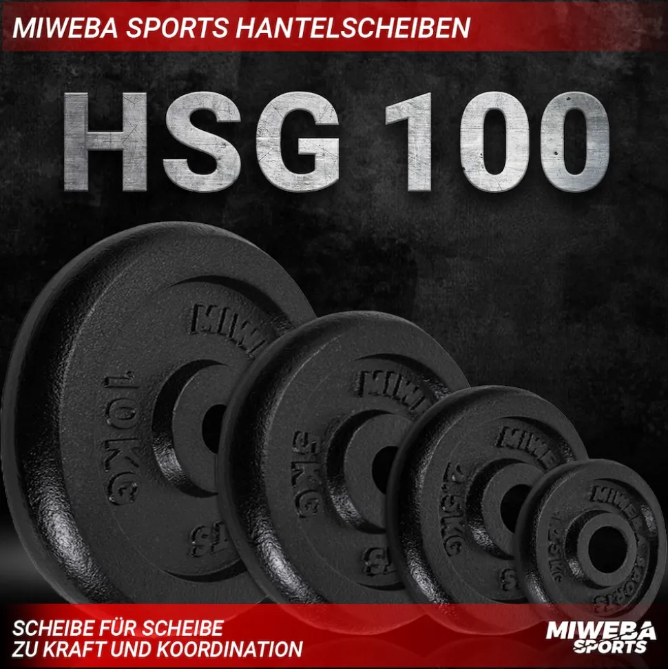 Miweba Sports Hantelscheiben HSG100, 2x 10 kg Hantel-Gewichte, passend für Ø 30mm, Set, Gusseisen