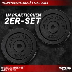 Miweba Sports Hantelscheiben HSG100, 2x 10 kg Hantel-Gewichte, passend für Ø 30mm, Set, Gusseisen