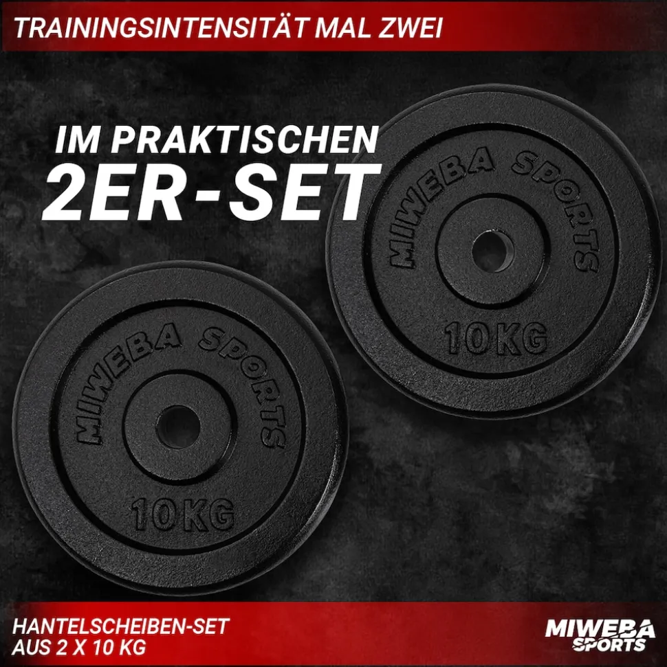Miweba Sports Hantelscheiben HSG100, 2x 10 kg Hantel-Gewichte, passend für Ø 30mm, Set, Gusseisen