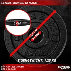 Miweba Sports Hantelscheiben HSG12, 4x 1,25 kg Hantel-Gewichte, passend für Ø 30mm, Set, Gusseisen