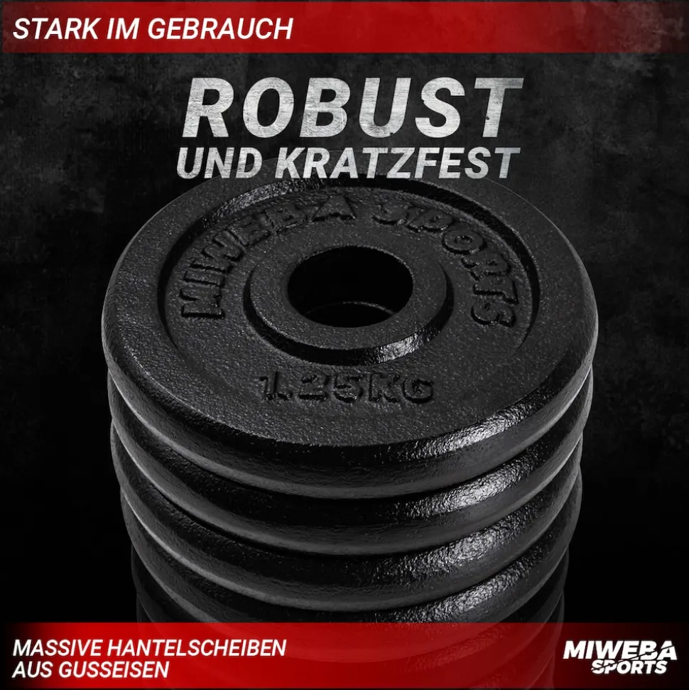 Miweba Sports Hantelscheiben HSG12, 4x 1,25 kg Hantel-Gewichte, passend für Ø 30mm, Set, Gusseisen