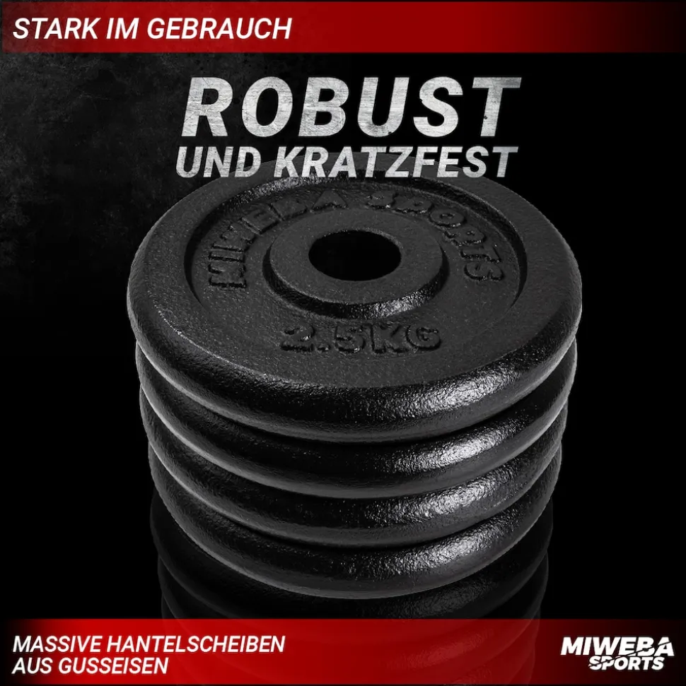 Miweba Sports Hantelscheiben HSG25, 4x 2,5 kg Hantel-Gewichte, passend für Ø 30mm, Set, Gusseisen