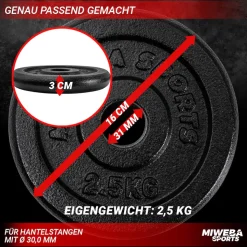 Miweba Sports Hantelscheiben HSG25, 4x 2,5 kg Hantel-Gewichte, passend für Ø 30mm, Set, Gusseisen