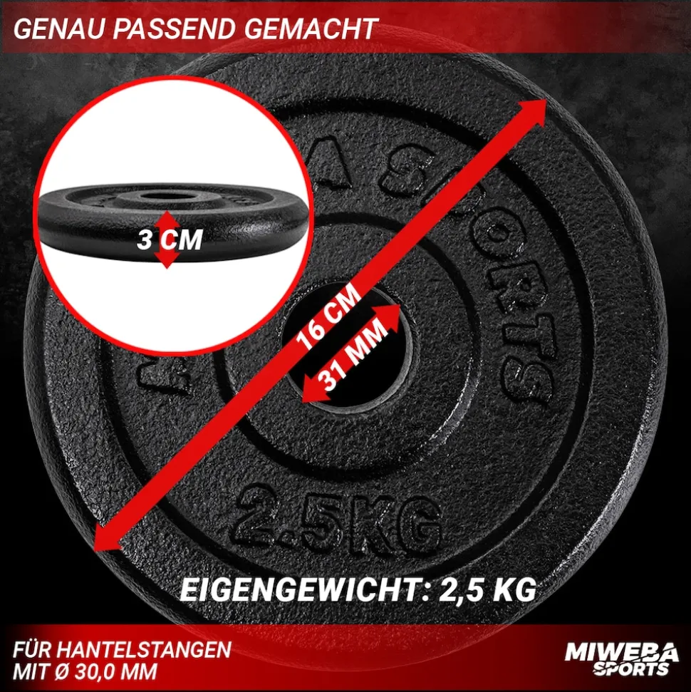 Miweba Sports Hantelscheiben HSG25, 4x 2,5 kg Hantel-Gewichte, passend für Ø 30mm, Set, Gusseisen