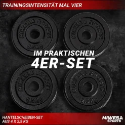 Miweba Sports Hantelscheiben HSG25, 4x 2,5 kg Hantel-Gewichte, passend für Ø 30mm, Set, Gusseisen