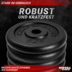 Miweba Sports Hantelscheiben HSG75, 4 x 5 kg Hantel-Gewichte, passend für Ø 30 mm, Set, Gusseisen