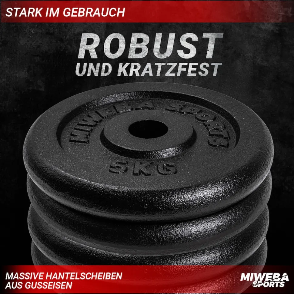 Miweba Sports Hantelscheiben HSG75, 4 x 5 kg Hantel-Gewichte, passend für Ø 30 mm, Set, Gusseisen