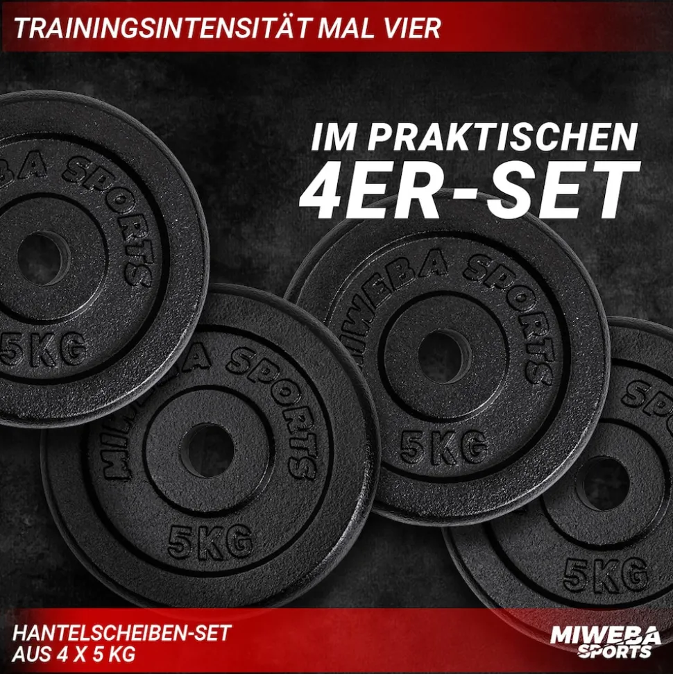 Miweba Sports Hantelscheiben HSG75, 4 x 5 kg Hantel-Gewichte, passend für Ø 30 mm, Set, Gusseisen