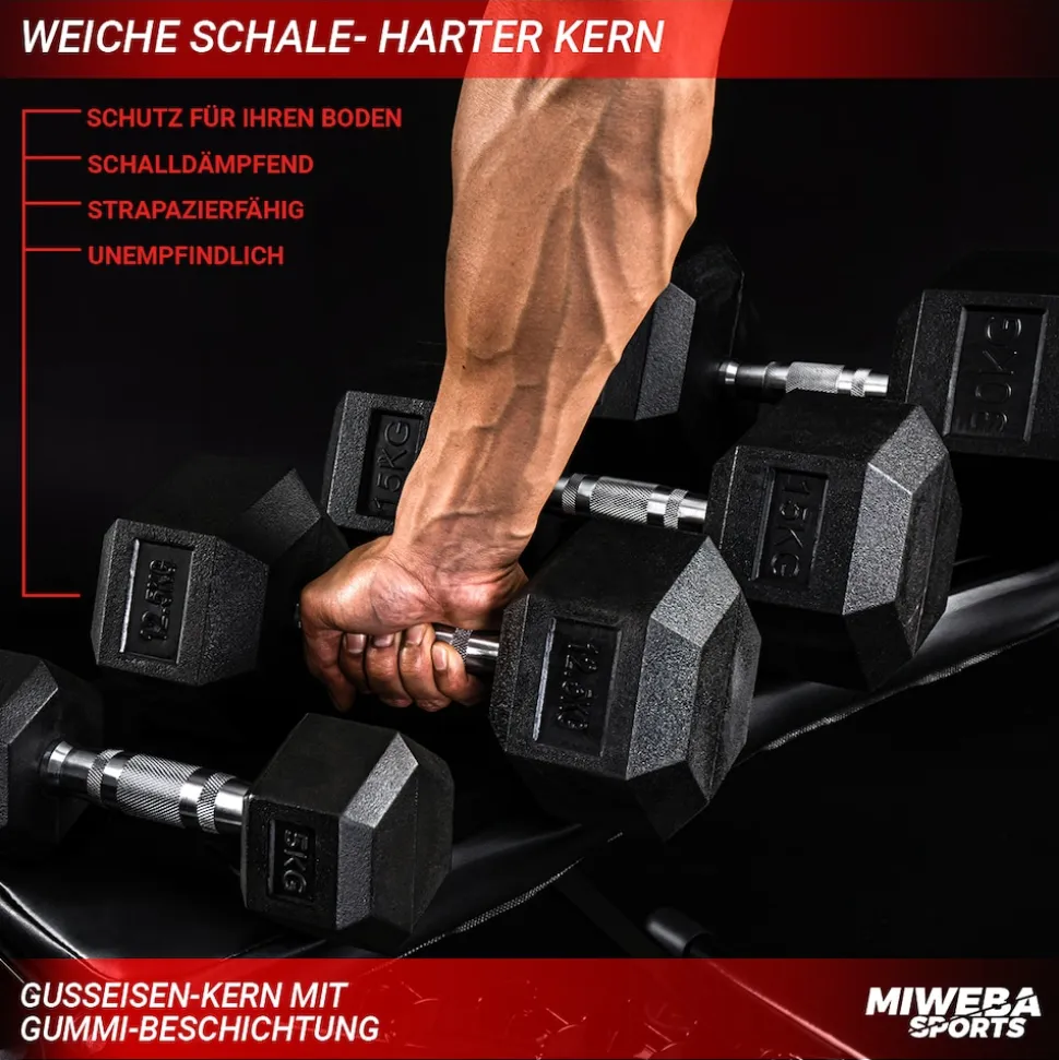 Miweba Sports Hexagon Kurzhanteln HGH100, Kurzhantel-Set, 2,5-15 kg, Gusseisen-Kern (Hantelpaar, 15 kg)