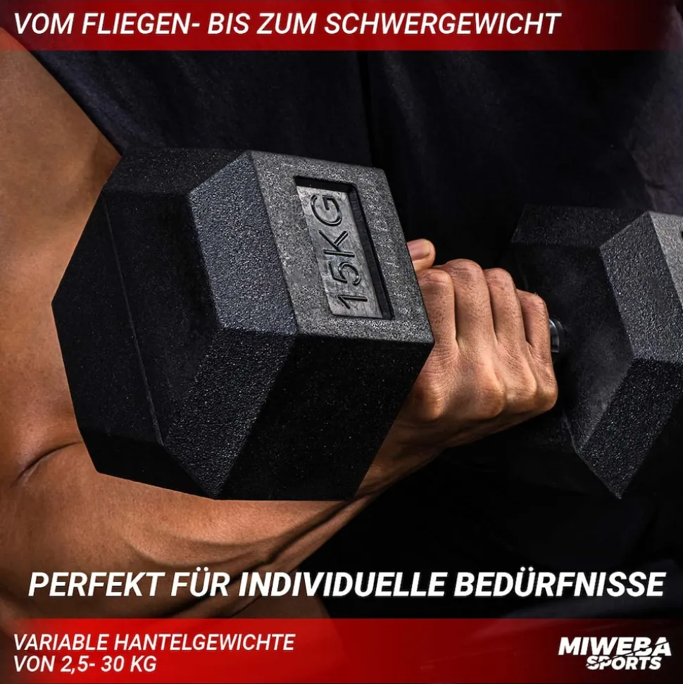 Miweba Sports Hexagon Kurzhanteln HGH100, Kurzhantel-Set, 2,5-15 kg, Gusseisen-Kern (Hantelpaar, 15 kg)
