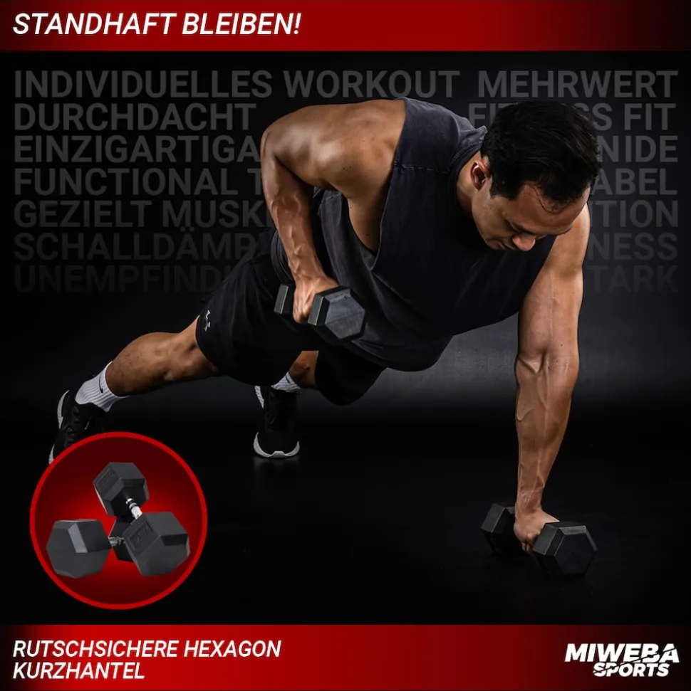 Miweba Sports Hexagon Kurzhanteln HGH100, Kurzhantel-Set, 2,5-15 kg, Gusseisen-Kern (Hantelpaar, 15 kg)