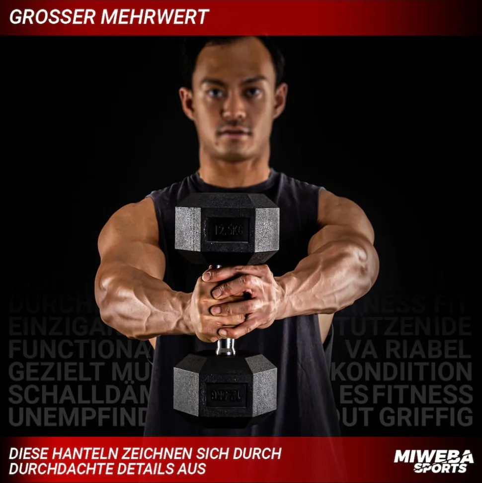 Miweba Sports Hexagon Kurzhanteln HGH100, Kurzhantel-Set, 2,5-15 kg, Gusseisen-Kern (Hantelpaar, 15 kg)