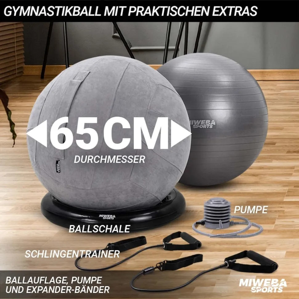 Miweba Sports 4in1-Gymnastikball-Set, Sitzball, 65 cm, Ballschale, Pumpe, Bezug, Schlingentrainer (Grau)
