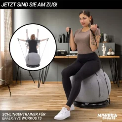 Miweba Sports 4in1-Gymnastikball-Set, Sitzball, 65 cm, Ballschale, Pumpe, Bezug, Schlingentrainer (Grau)