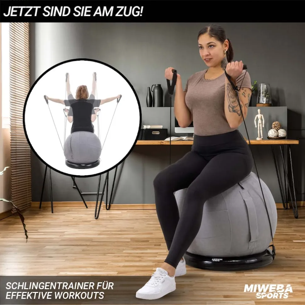 Miweba Sports 4in1-Gymnastikball-Set, Sitzball, 65 cm, Ballschale, Pumpe, Bezug, Schlingentrainer (Grau)