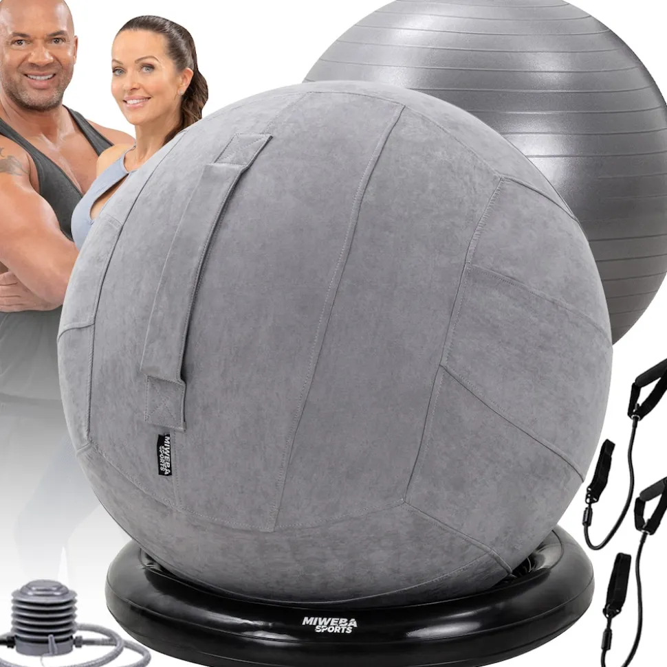Miweba Sports 4in1-Gymnastikball-Set, Sitzball, 65 cm, Ballschale, Pumpe, Bezug, Schlingentrainer (Grau)